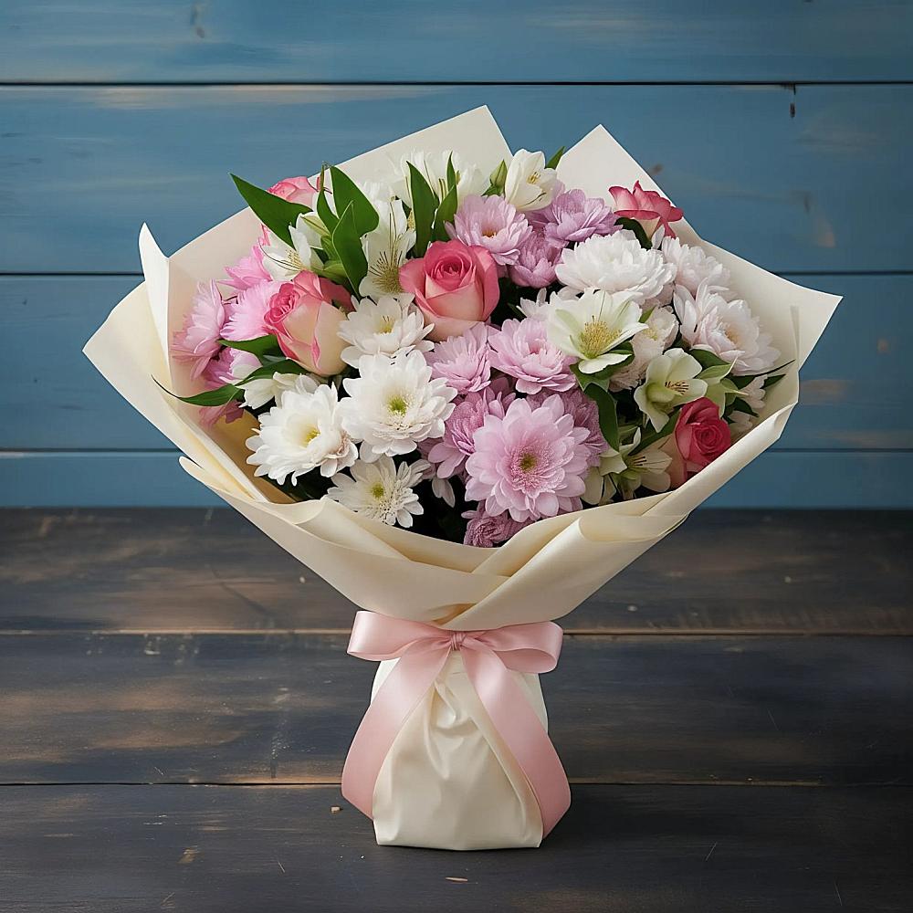 Букет цветов из: Хризантемы, Альстромерии и Розы в Волжске